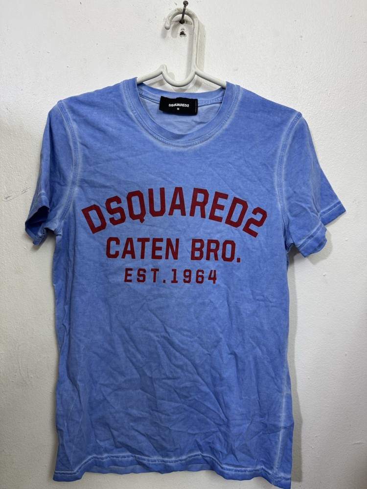 DSQUARED2 Caten Bro Est 1964 Graphic T-Shirt Blue Acid Wash Distressed Men’s M