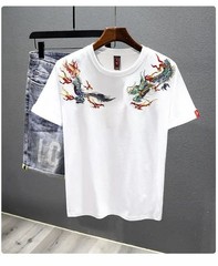 Men’s Dragon Embroidered T-Shirt Casual Short Sleeve Summer Ethnic Style Top