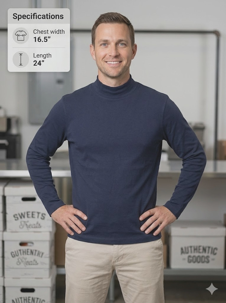 St. John’s Bay Mens Turtleneck 100% Cotton Blue Long Sleeve Shirt Classic Mock