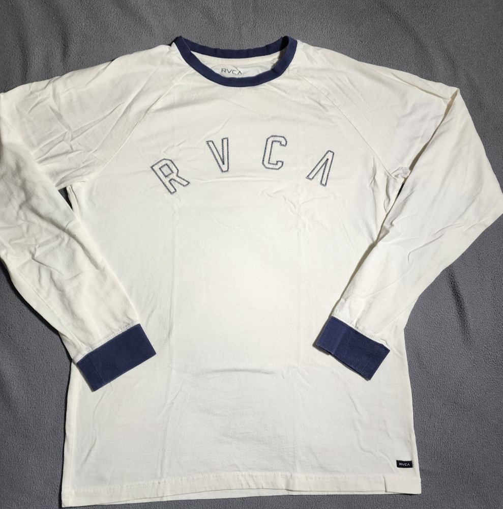 RVCA T-Shirt Men Medium Off White Blue Crew Neck Long Sleeve Tee Logo Pull Over
