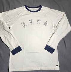 RVCA T-Shirt Men Medium Off White Blue Crew Neck Long Sleeve Tee Logo Pull Over