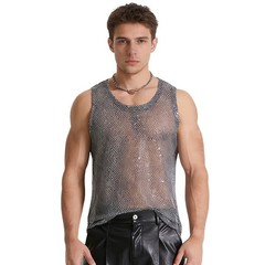 Men Tank Mesh Fabric Top Sparkly Vest Fashionable Clubwear Nightclub Fishnet