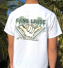 Hawaiian Style Island Hang Loose Shaka Surfboard Men Women White Cotton T-shirt