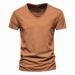 Brand Quality 100% Cotton Men T-shirt V-neck Fashion Design Slim Fit Soild Male
