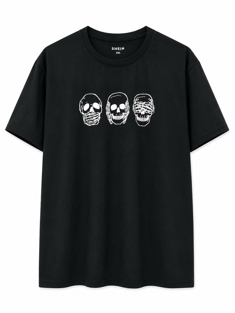 SHEIN Men’s 2XXL Black Skull Graphic Print Crew Neck Short Sleeve T-Shirt