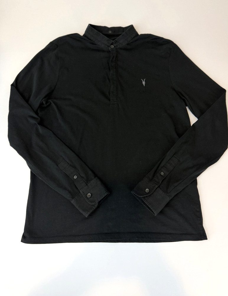 AllSaints Mens Medium Black Long Sleeve Jersey Knit Shirt Ramskull Band Collar
