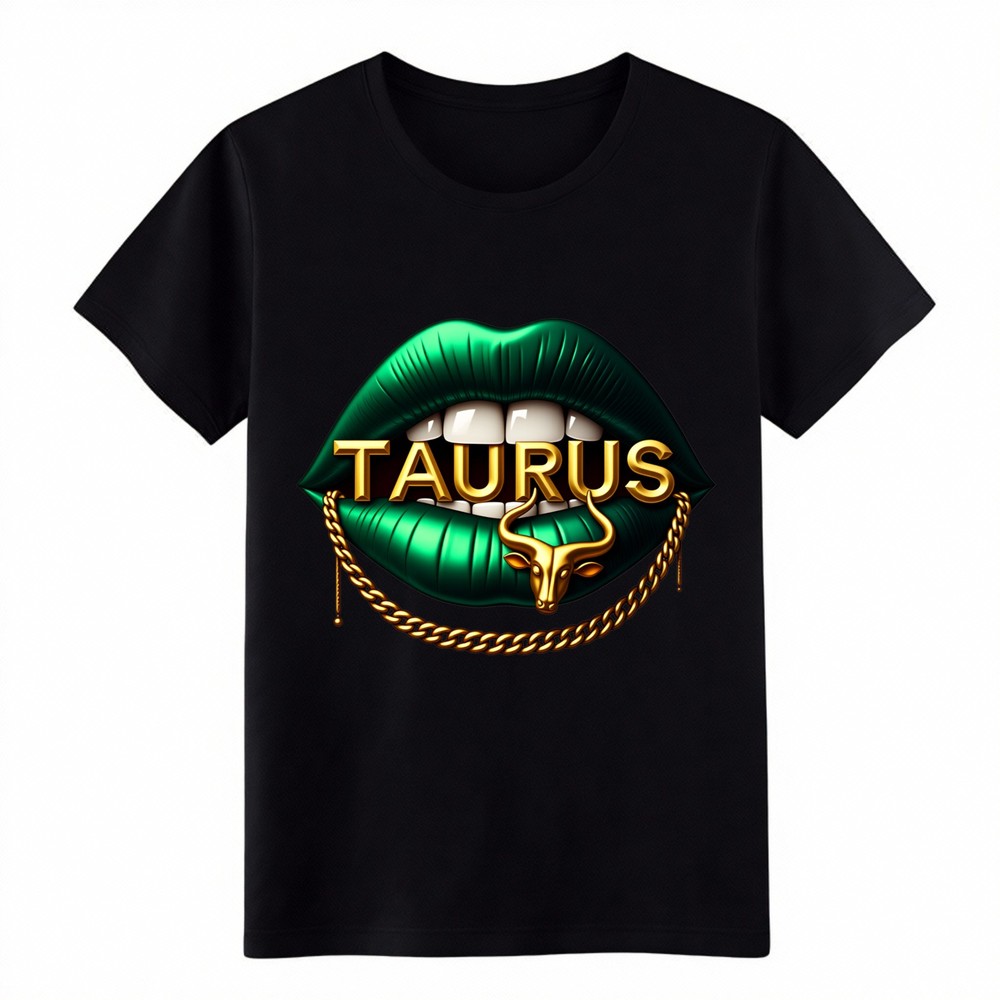 Glossy Green Lips Gold Taurus Bull Chain Zodiac Women Graphic Short T-Shirt