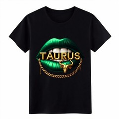 Glossy Green Lips Gold Taurus Bull Chain Zodiac Women Graphic Short T-Shirt