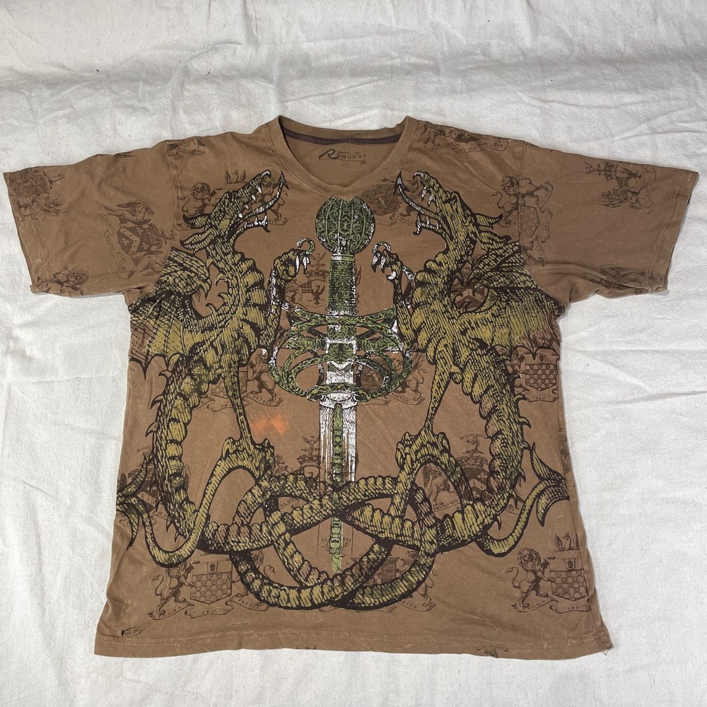 Request Shirt Mens 2XL XXL Brown Y2K Cyber Punk Mall Goth Grunge Dragon Sword