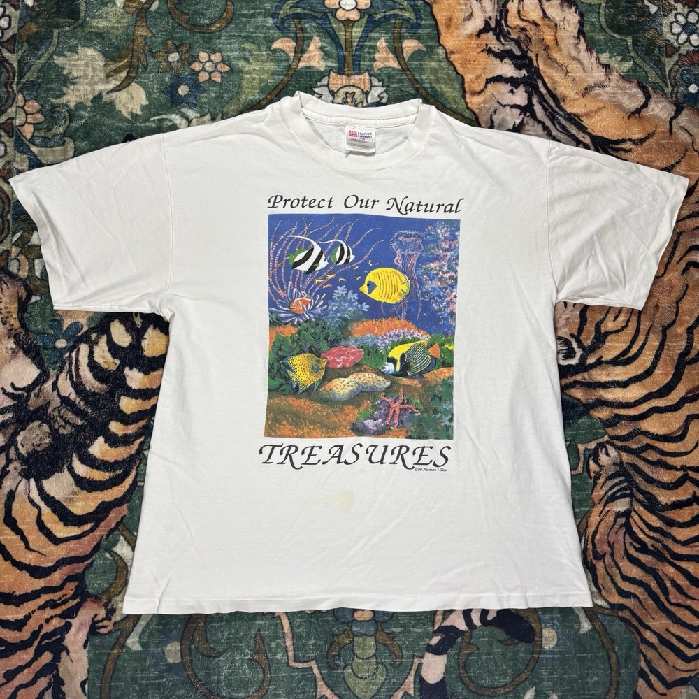Vtg 90s Protect Our Ocean Faded Shirt Single Stitch USA Nature Art Graphic Large