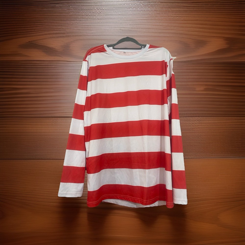 Where’s Waldo Men’s Shirt Striped Costume Stretch Red White Long Sleeve XXL