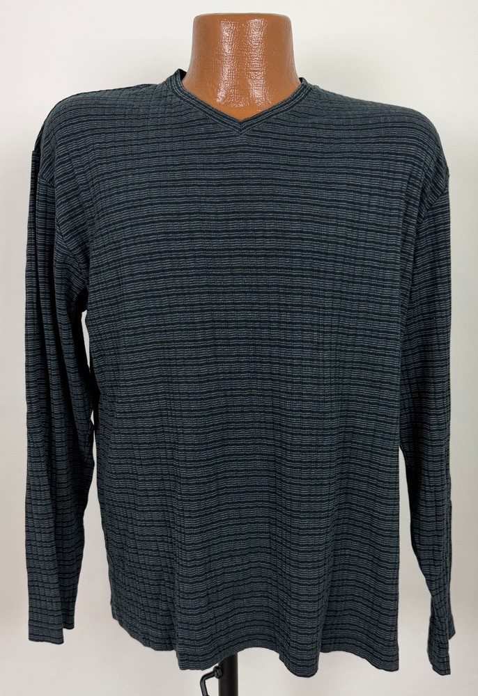 Vintage Y2K Ribbed V-Neck Shirt Men Medium Stretchy Black Gray Striped Claiborne