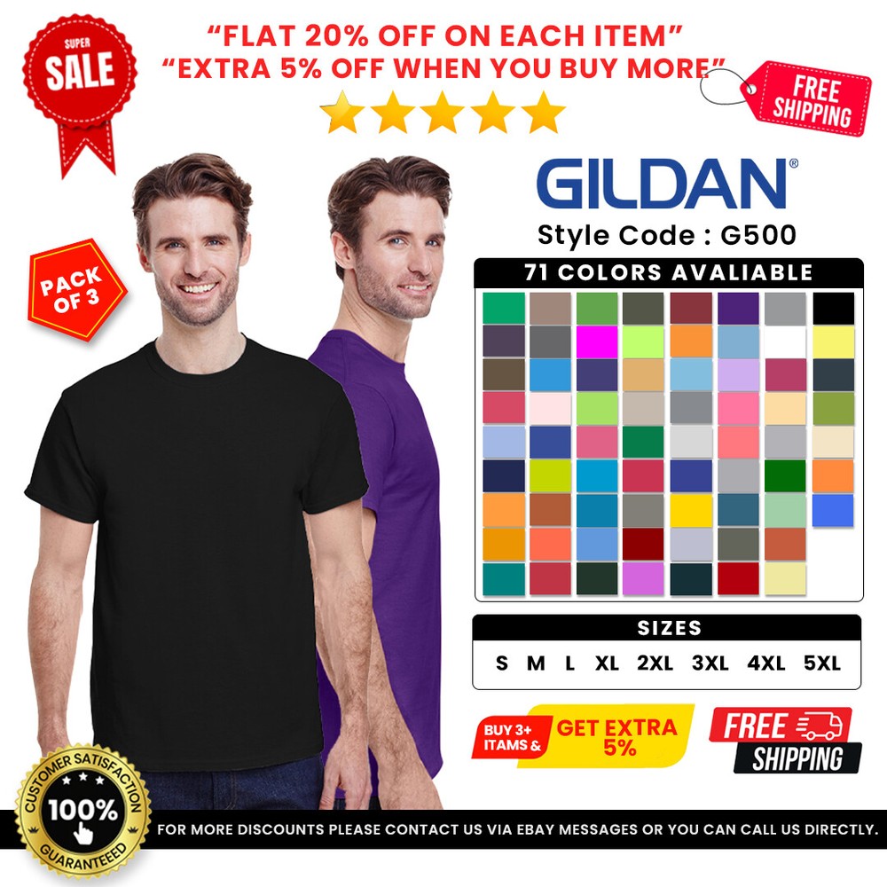 3 Pack Of Gildan G500 Mens Short Sleeve Heavy Cotton Plain Blank Casual T-Shirt