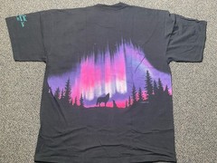 Vintage Aurora Northern Lights Wolf Night Wrap Around Faded Black Shirt 2XL SS