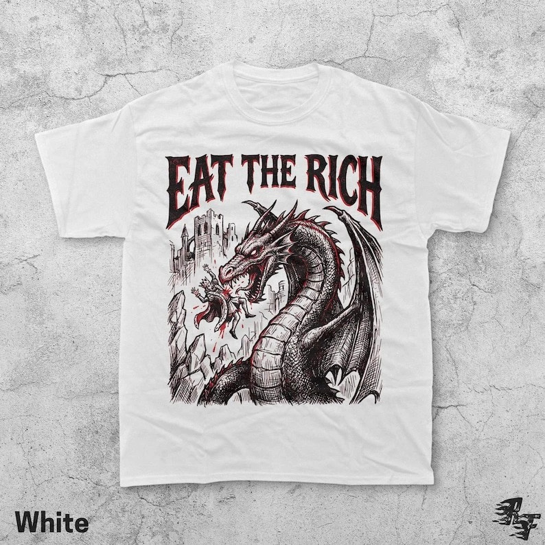 Eat The Rich Dragon Graphic T-Shirt, Vintage 90s Style Fantasy Tee