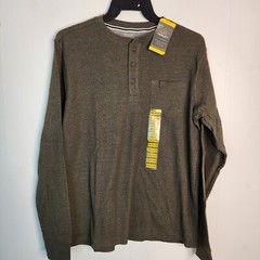 Members Mark Mens Thermal Henley Shirt Olive Green Waffle Knit Long Sleeve Med