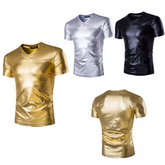 Men Shiny Metallic V Neck Short Sleeve T-shirt Shirt Slim Fit Tops Nightclub