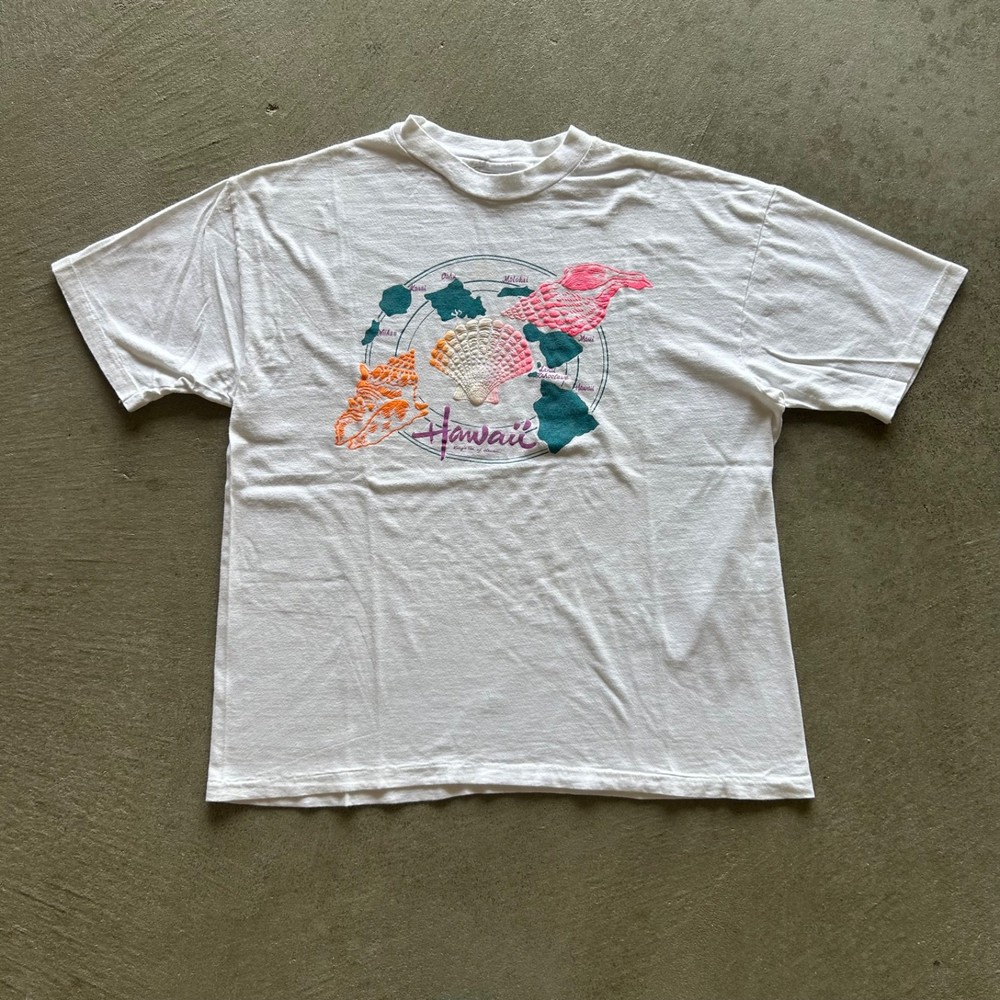 Vintage 80s Hawaii Shirt Size XL White Island Map Seashells Maui Oahu USA Made