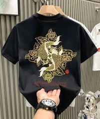 Men’s Luxury Koi Fish Embroidered Cotton T-Shirt Casual Short Sleeve Slim Fit Te