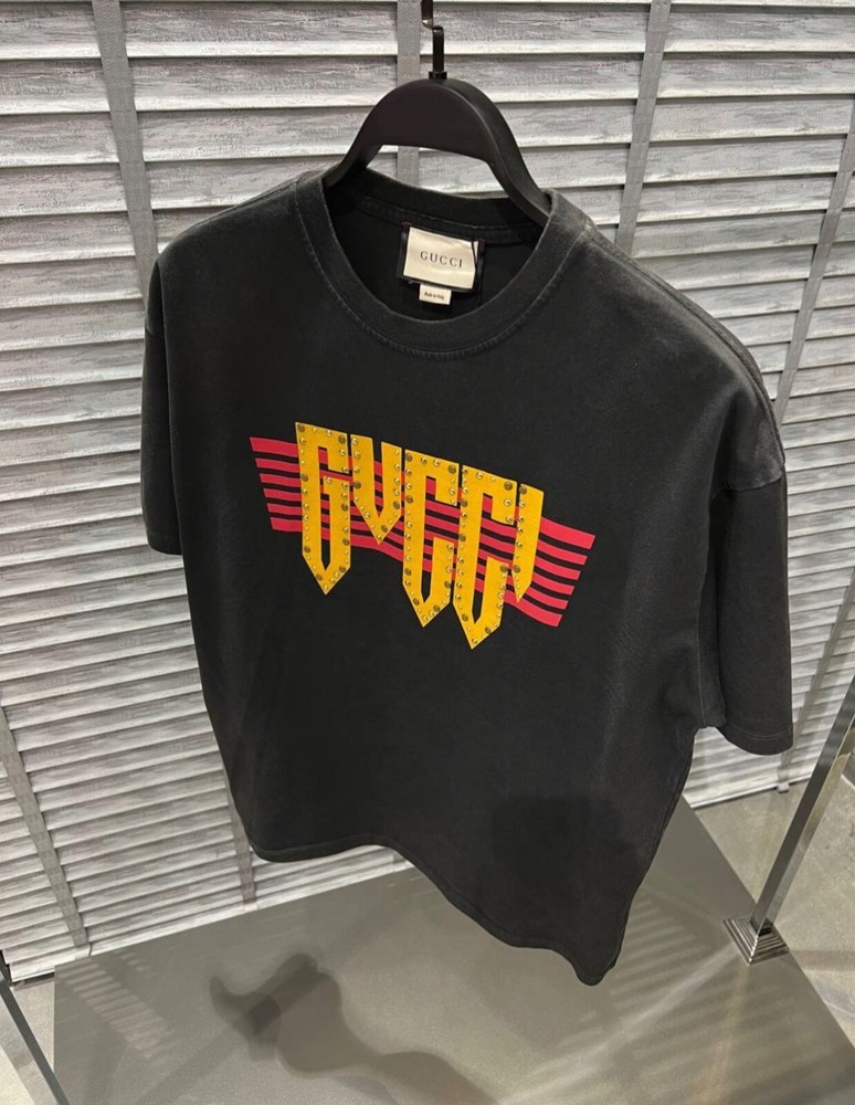 GUCCI Rock Studded Logo-print Cotton Faded Black Tshirt NWT Retail Price:950$+
