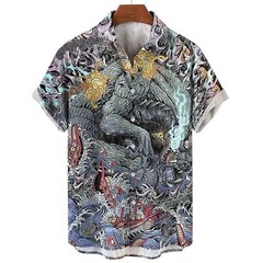 Mens Button Down Japanese Tiger Skull Print Hawaiian Top Novelty Summer Shirt