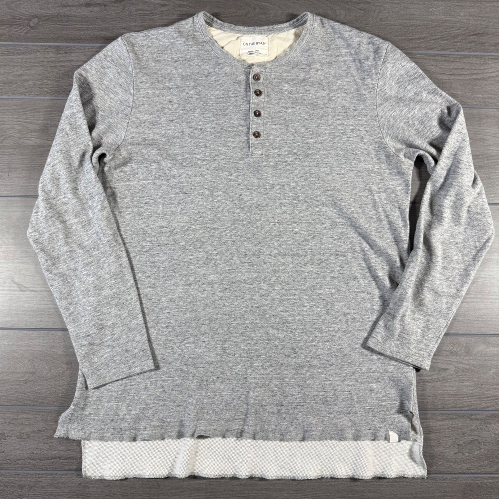 On The Byas Henley Shirt XL Grey Longer Length Layered Hem Long Sleeve