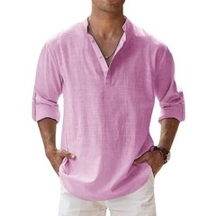 Men’s Cotton Linen Henley Long Sleeve Shirt Casual Beach T-shirt Tee Summer Gift