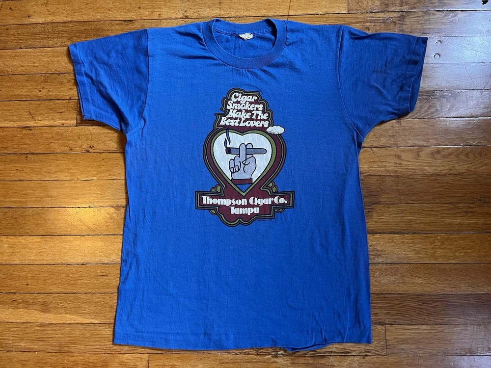 VINTAGE Cigar Smokers Make The Best Lovers Tampa Shirt Large Blue 80s
