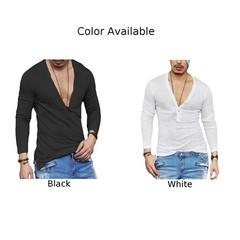 Mens Solid Long Sleeve T shirt with Deep V Neck and Button Front Blouse