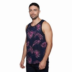 GUESS Tank Top Mens Large Pink Palm Print Mesh Sleeveless Graphic Summer