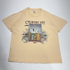 Vtg 90s Chesapeake Bay Virginia Anvil Mens Shirt L Beige Dock Nature Scene USA