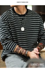 American Casual Striped Men Loose Retro Henry Collar Long-Sleeved T-Shirt Autumn