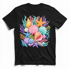 Colorful Seashells Coral Starfish T-Shirt Ocean Beach Summer Tee