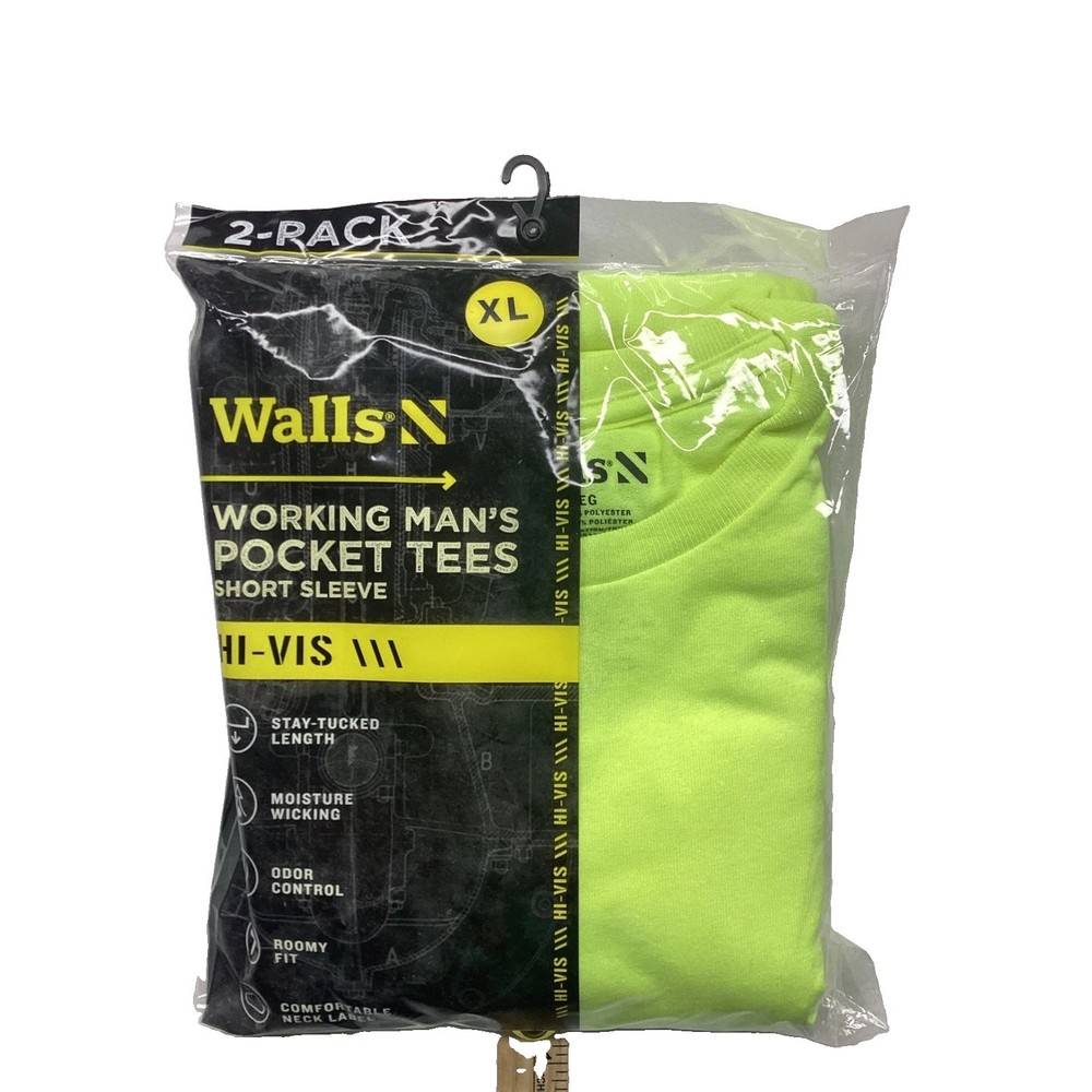 Walls Mens 2-Pack Hi-Vis Yellow Pocket T-Shirts XL Short Sleeve PKS952VY9 New