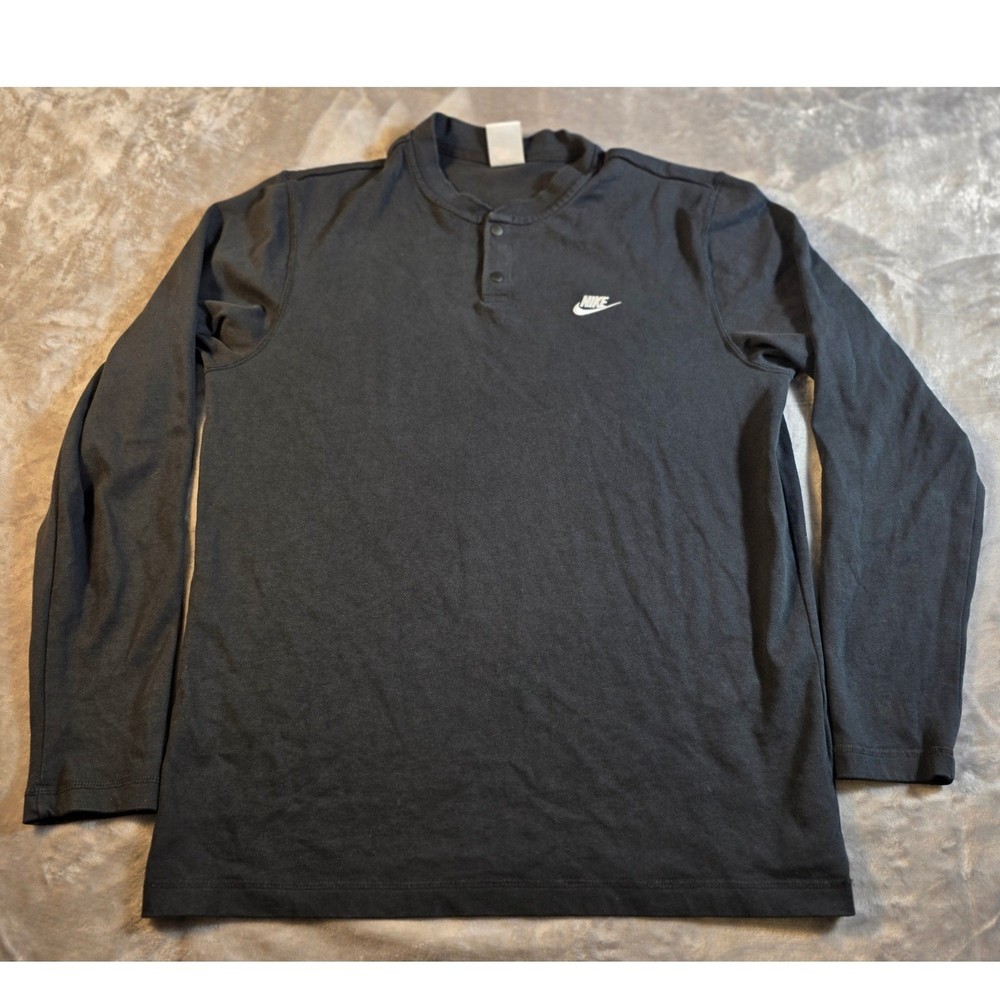 Nike Club Henley Shirt Mens Medium Black Long Sleeve Swoosh Embroidered Logo