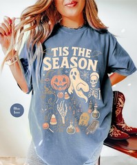 Vintage Halloween Skeleton Pumpkin Shirt Tis The Season Retro Unisex Fall Tee