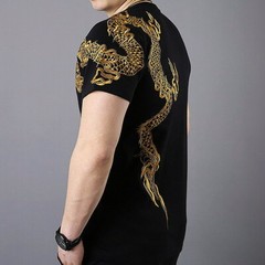 Mens Japanese Pattern Embroidery Gold Dragon T-Shirt Stretch Black Short Sleeve