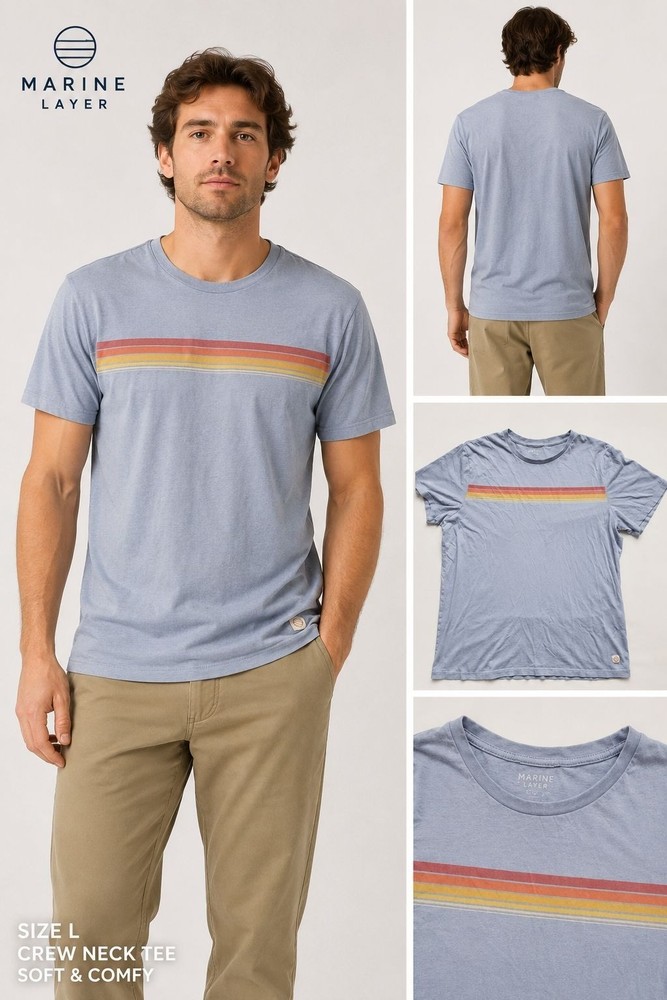 Marine Layer crew neck t-shirt distinctive multi-colored horizontal stripe Sz L