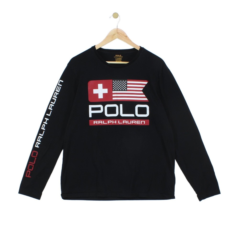 Ralph Lauren T-Shirt Mens Size L Black Graphic Flag Custom Slim Fit