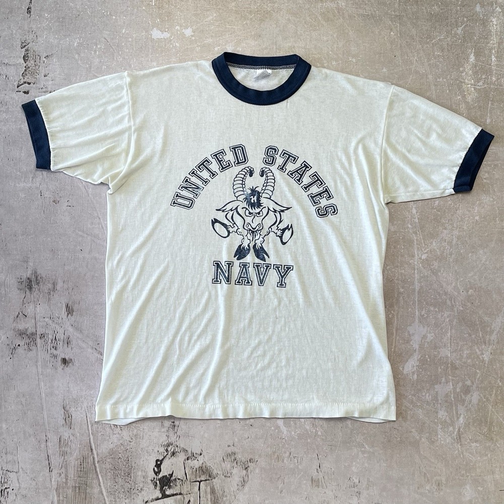 True Vintage 1970s US NAVY Ringer T-shirt Thrashed Paper Thin Bill the Goat