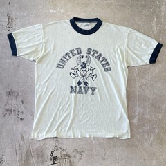 True Vintage 1970s US NAVY Ringer T-shirt Thrashed Paper Thin Bill the Goat