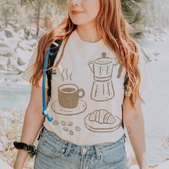 Coffee and Croissant Graphic Tee Hand-Drawn Sketch Art