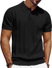 Mens Short Sleeve Polo Shirt Textured Knit Ribbed Casual Golf Style Soft Comfort
