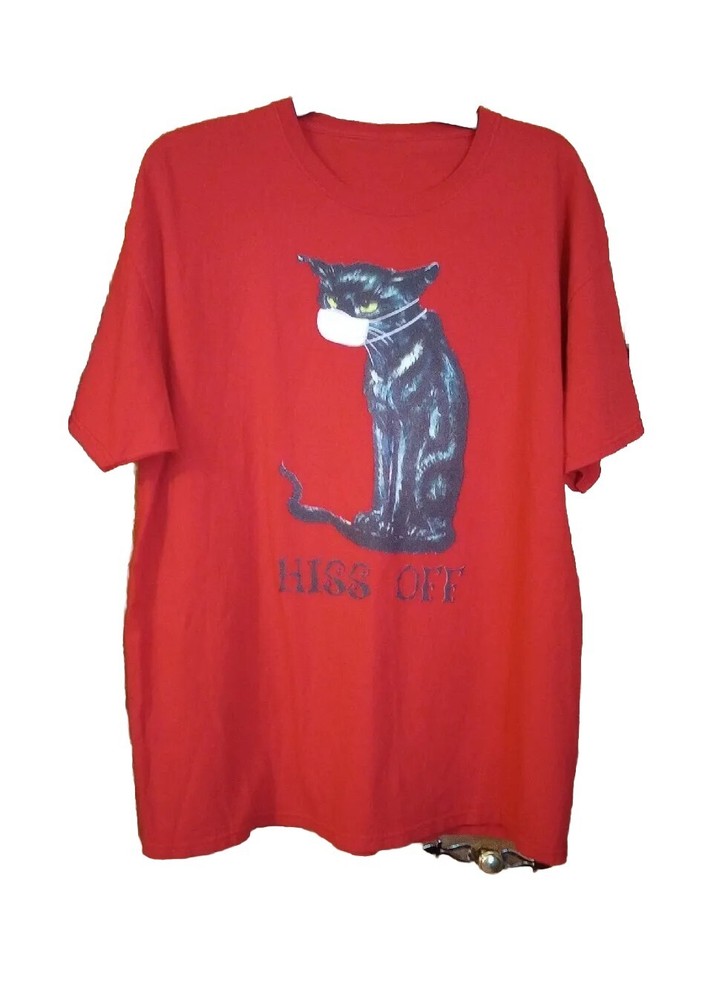 Black Cat Hiss Off Shirt Mask Wearing Funny Meow Cat Red Tshirt Pandemic Top