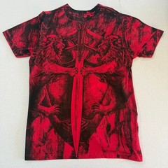 T2G Mens Sword Graphic T-Shirt Red Black Silver Foil Lions Shield Y2K Size Large