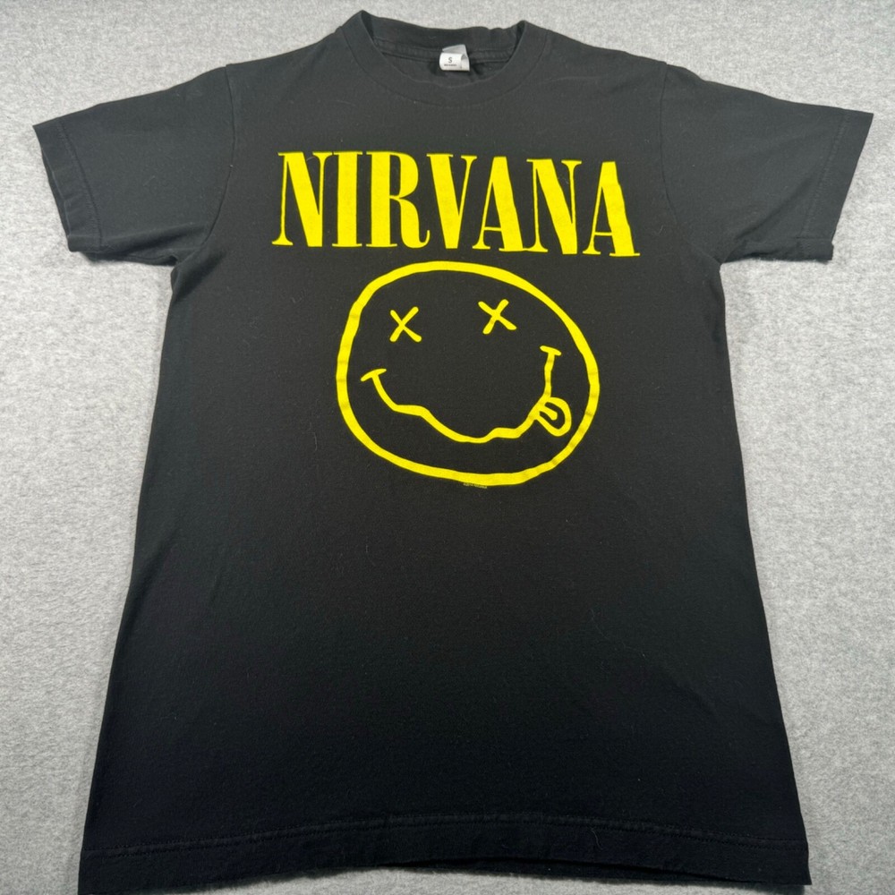 Nirvana Shirt Adult Small Black American Rock Band Smiley Face Music Tour Mens