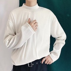 Mens Casual Pleated Drape Half Turtleneck T Shirt for Daily Wear and Commuting