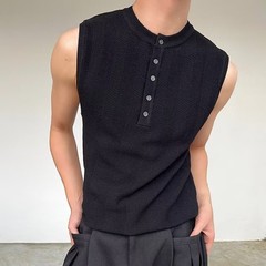 Men’s Ribbed Vest Sleeveless For Henry Collar Slim Fit Streetwear Sports Top