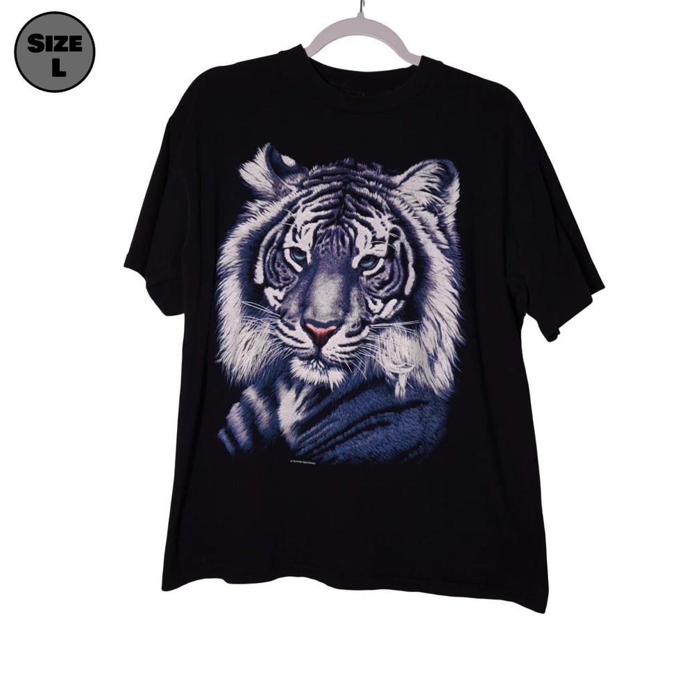 VINTAGE White Tiger Face USED Shirt (L, Single Stitch, Sunrise Sportswear)