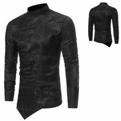 Men Printed Shirt Vintage Long Sleeve Grandad Collar Top Asymmetric Hem Slim YM0